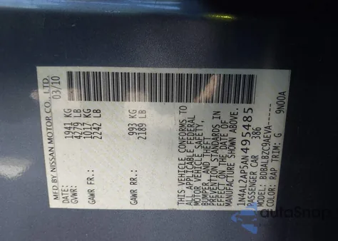 2010 Nissan Altima 2.5 S z USA, uszkodzony, nr VIN 1N4AL2AP5AN495485